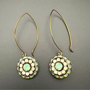 Boho Art Deco Dangle Earrings with Rhinestones Dainty Blue Green